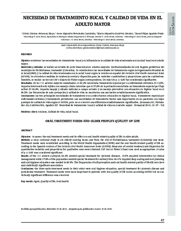 (PDF) Necesidad De Tratamiento Bucal y Calidad De Vida en El Adulto Mayor