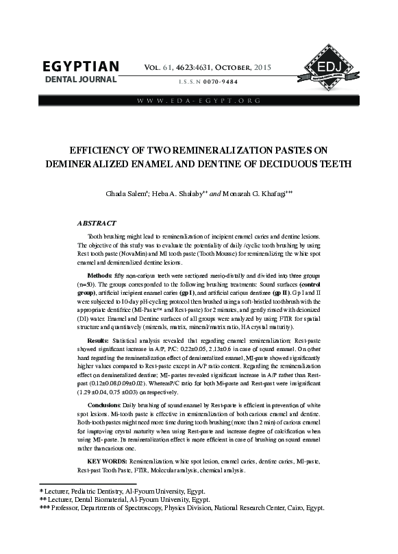 (PDF) EFFICIENCY OF TWO REMINERALIZATION PASTES ON DEMINERALIZED ENAMEL ...