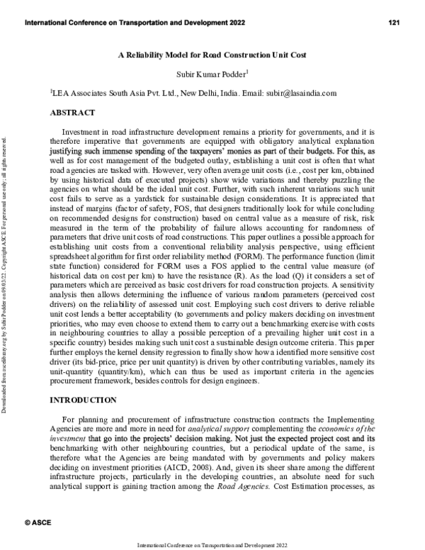 (PDF) A Reliability Model for Road Construction Unit Cost