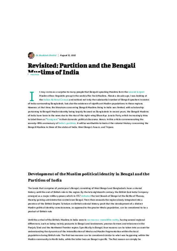 (PDF) Revisited: Partition and the Bengali Muslims of India