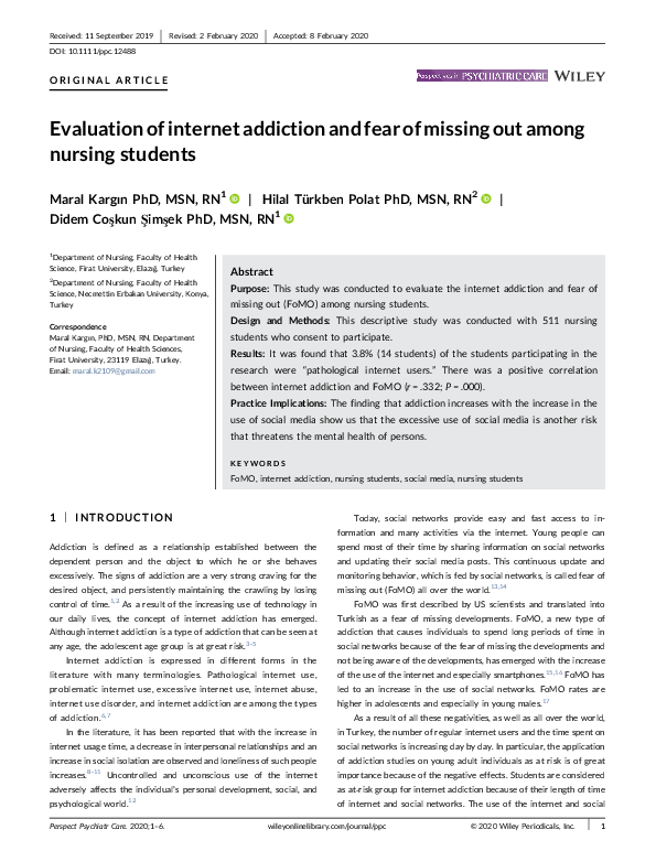 (PDF) Evaluation of internet addiction and fear of missing out among ...
