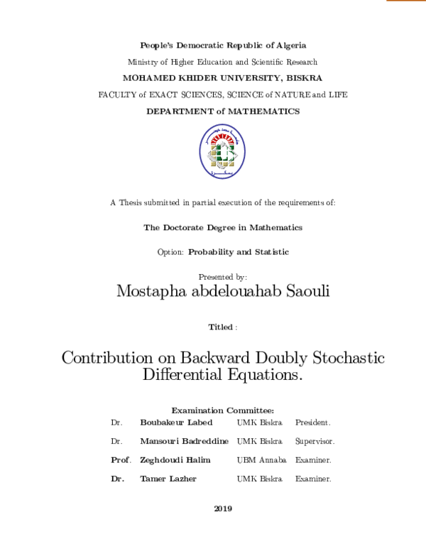 (PDF) Contribution on Backward Doubly Stochastic Differential Equations