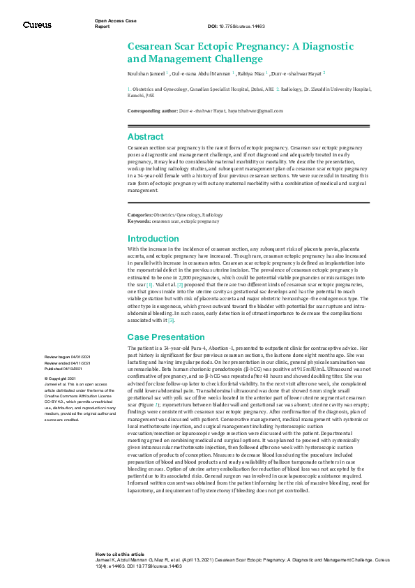 (PDF) Cesarean Scar Ectopic Pregnancy: A Diagnostic and Management