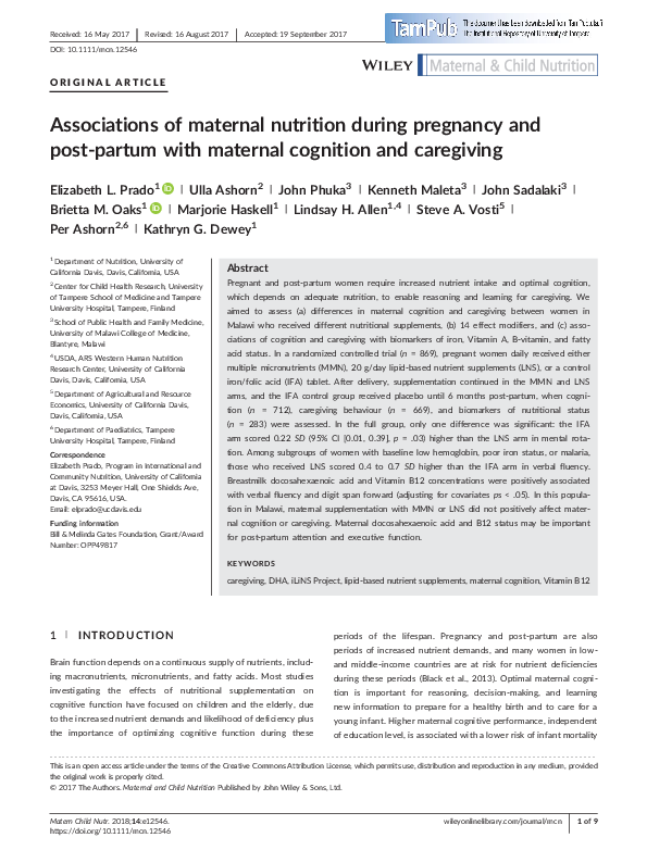 (PDF) Associations of maternal nutrition during pregnancy and post ...