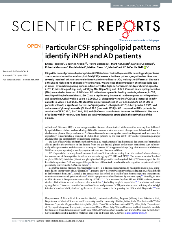 (PDF) Particular CSF sphingolipid patterns identify iNPH and AD patients