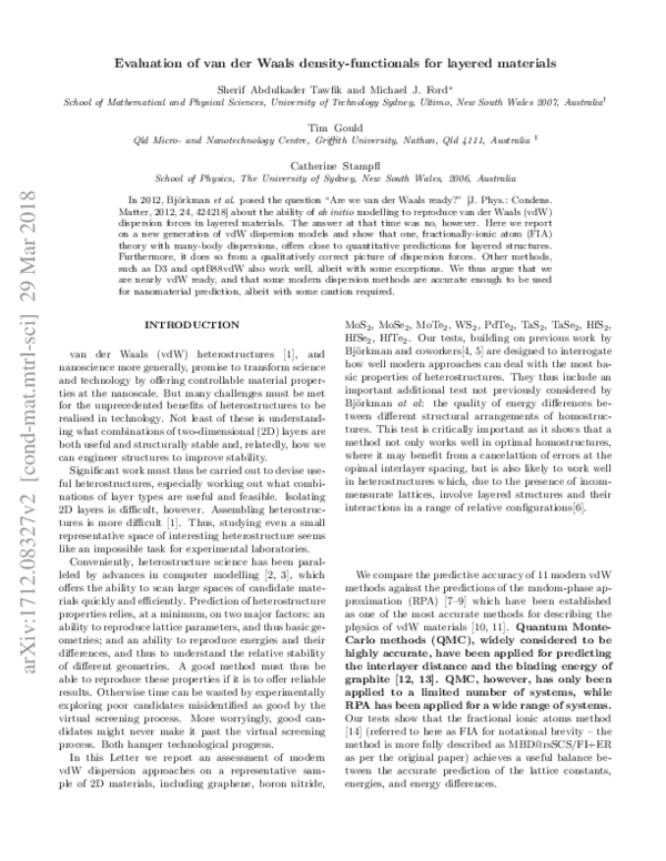 (PDF) Evaluation of van der Waals density functionals for layered materials