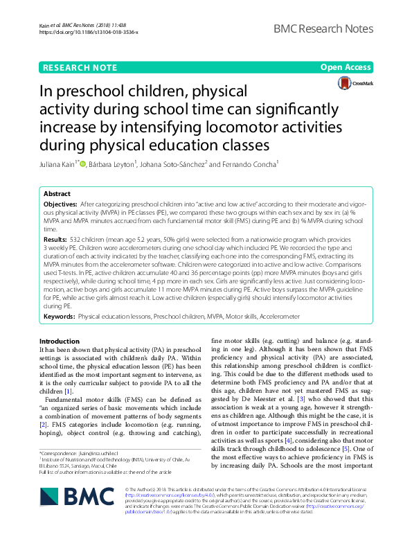 (PDF) In preschool children, physical activity during school time can ...