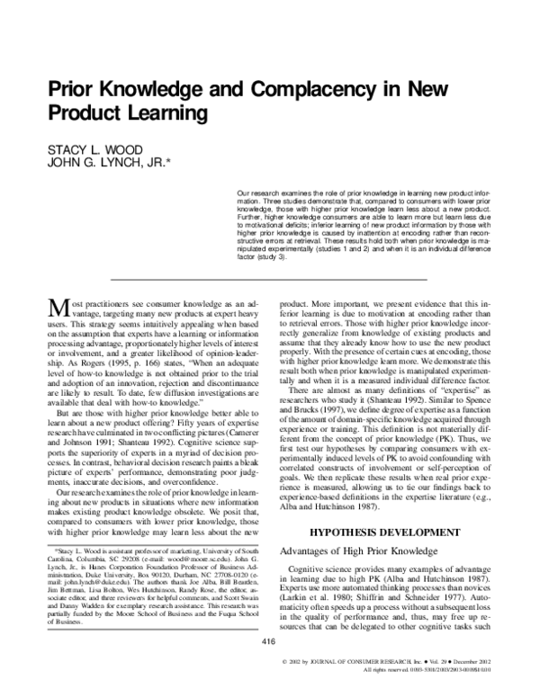 (PDF) Prior Knowledge and Complacency in New Product Learning