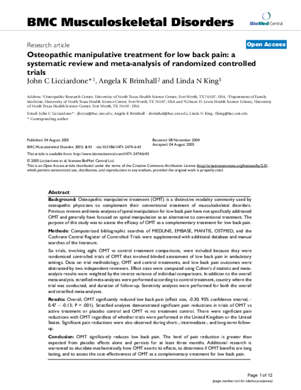 (PDF) Osteopathic manipulative treatment for low back pain a