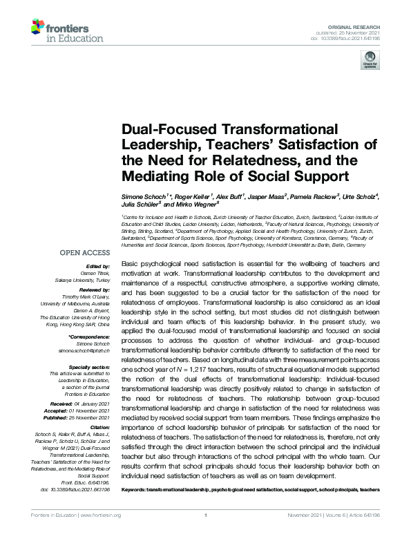 (PDF) Dual-Focused Transformational Leadership, Teachers’ Satisfaction ...