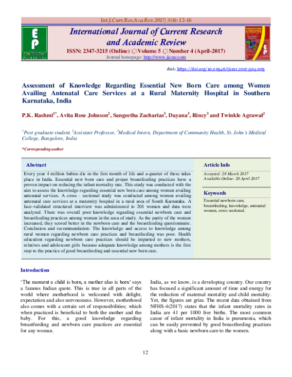 (PDF) Assessment of Knowledge Regarding Essential New Born Care among ...