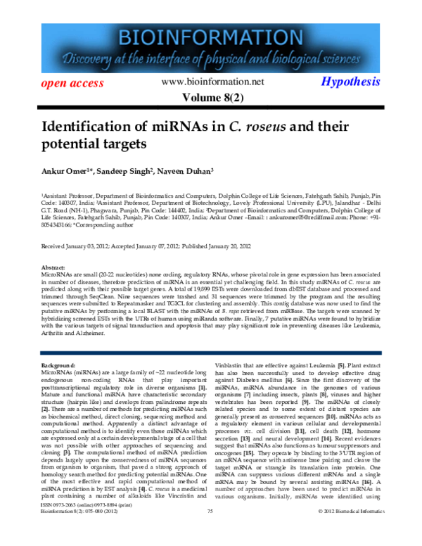 (PDF) Identification of miRNAs in C. roseus and their potential targets