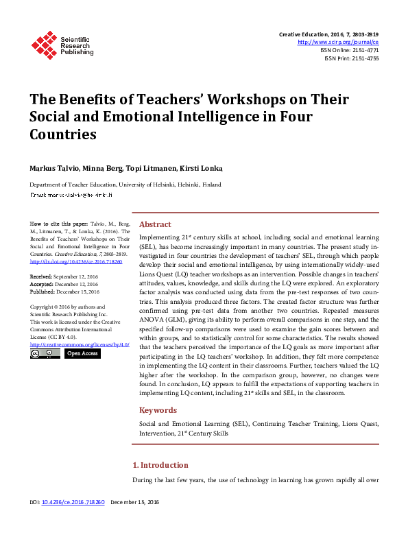 (PDF) The Benefits of Teachers’ on Their Social and Emotional
