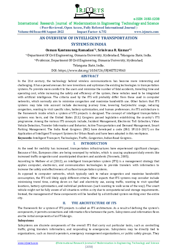 (PDF) AN OVERVIEW OF INTELLIGENT TRANSPORTATION SYSTEMS IN INDIA
