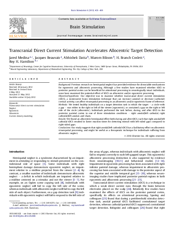 (PDF) Transcranial Direct Current Stimulation Accelerates Allocentric ...