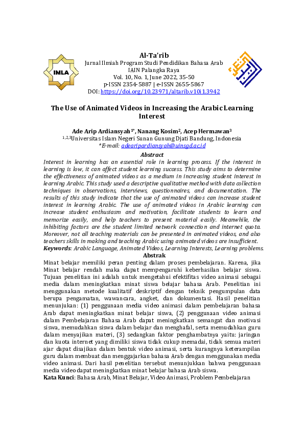(PDF) The Use of Animated Videos in Increasing the Arabic Learning Interest