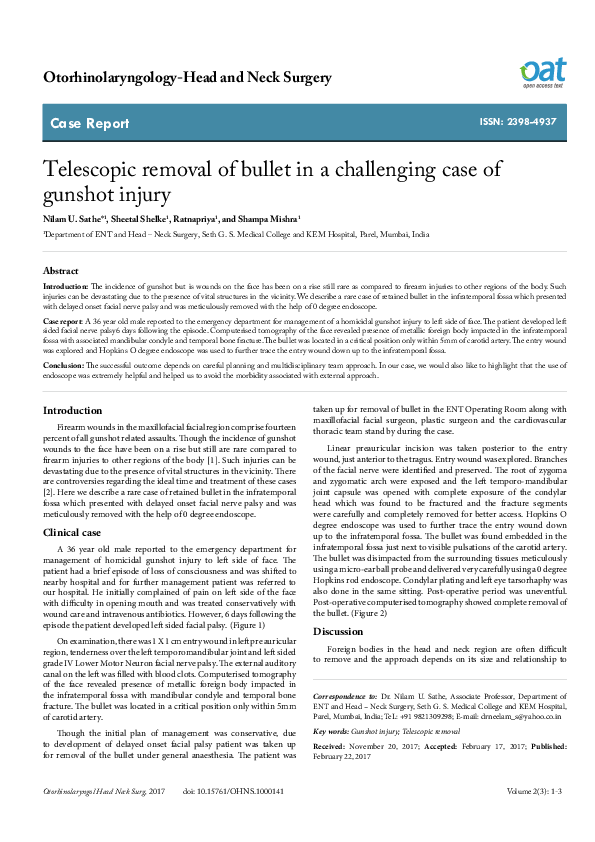 (PDF) Telescopic removal of bullet in a challenging case of gunshot injury