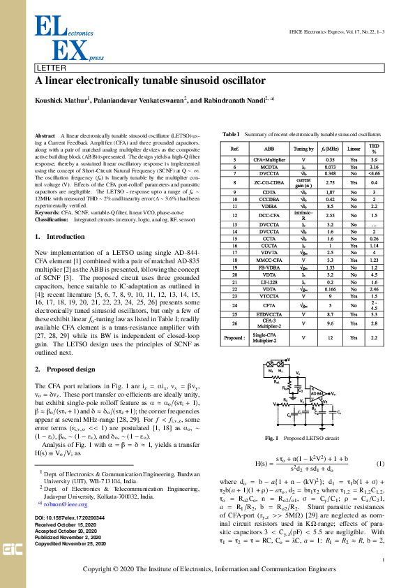 (PDF) A linear electronically tunable sinusoid oscillator