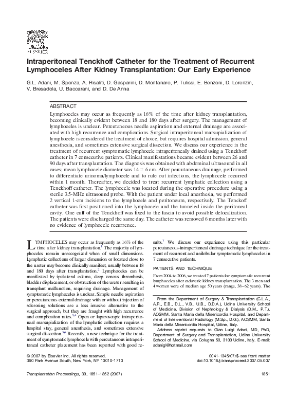 (PDF) Intraperitoneal Tenckhoff catheter for the treatment of recurrent
