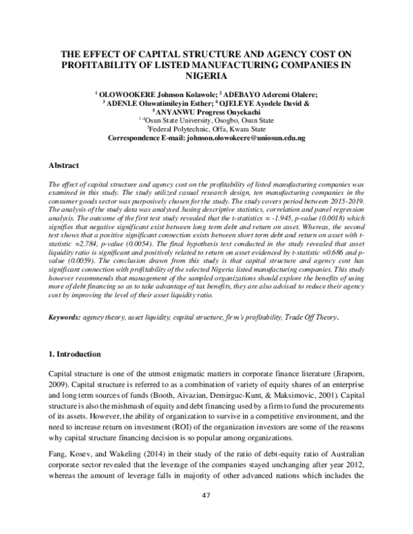 (PDF) THE EFFECT OF CAPITAL STRUCTURE AND AGENCY COST ON PROFITABILITY ...