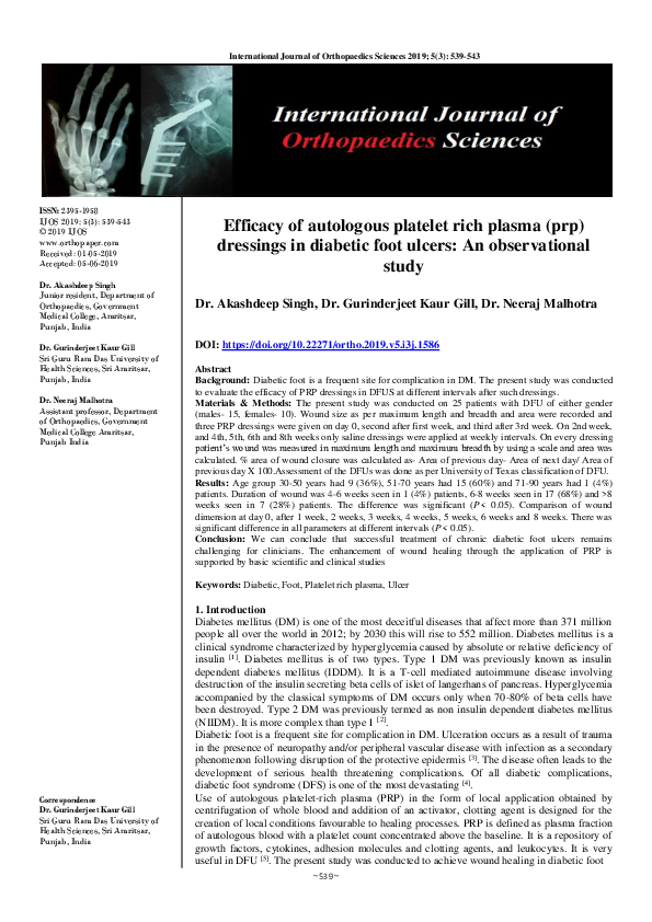 Efficacy of autologous platelet rich plasma (PRP) dressings in diabetic foot ulcers: An observational study