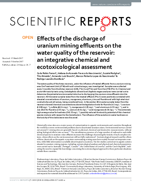 (PDF) Effects of the discharge of uranium mining effluents on the water ...