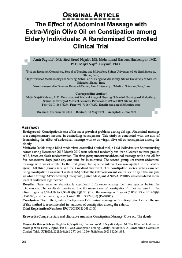 (PDF) The Effect of Abdominal Massage with ExtraVirgin Olive Oil on Constipation among Elderly