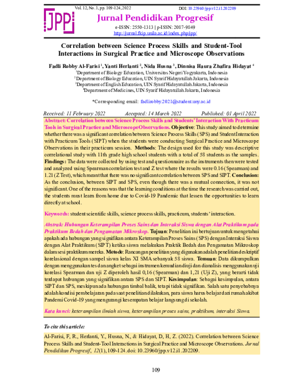 (PDF) Correlation between Science Process Skills and Students ...