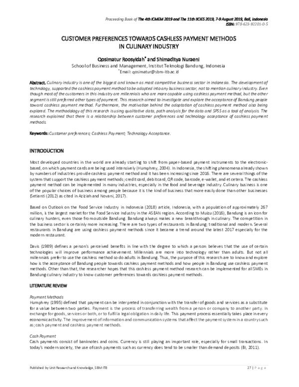 (PDF) Customer Preferences Toward Cashless Payment Methods In Culinary ...