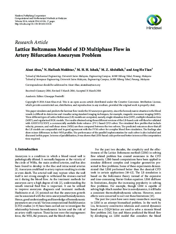 (PDF) Lattice Boltzmann Model of 3D Multiphase Flow in Artery ...