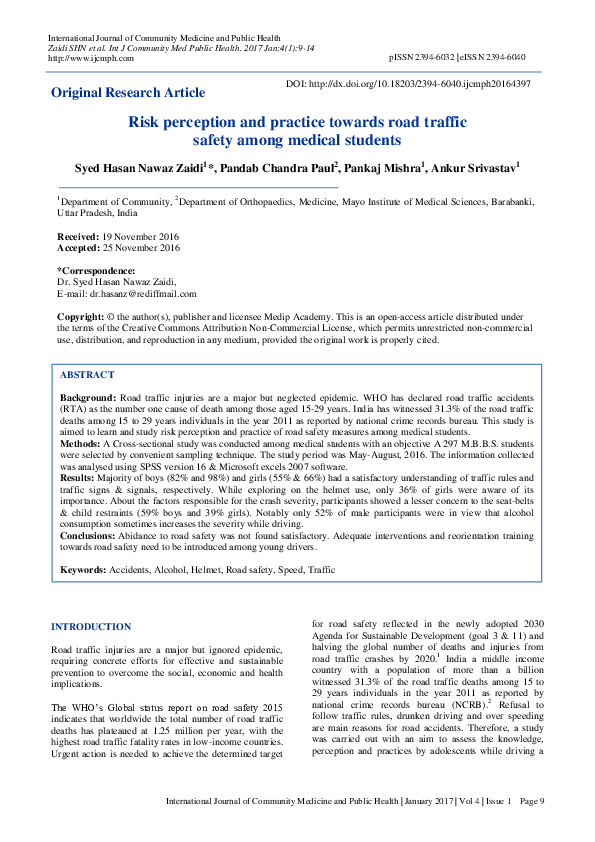(PDF) Risk perception and practice towards road traffic safety among ...