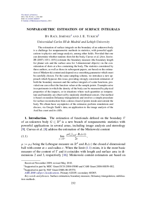(PDF) Nonparametric estimation of surface integrals