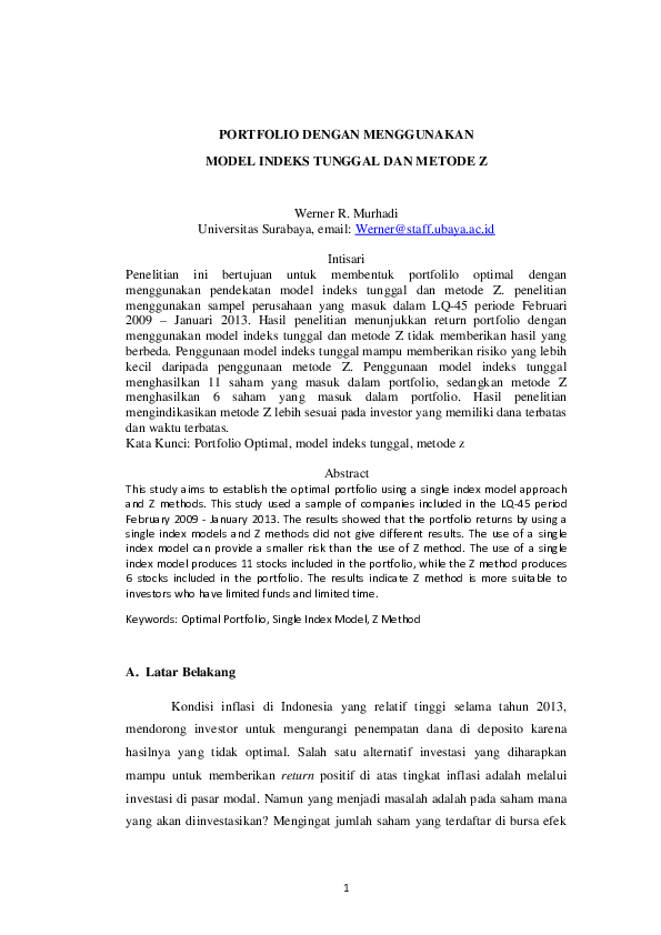(PDF) Portofolio dengan Menggunakan Model Indeks Tunggal dan Metode Z