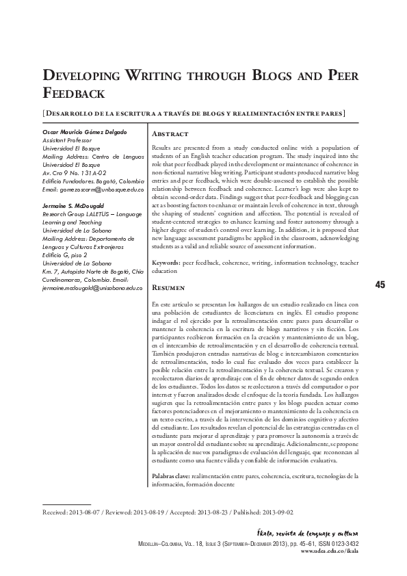 (PDF) Developing writing through blogs and peer feedback [Desarrollo de ...