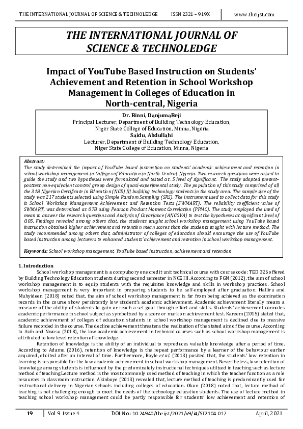 (PDF) Impact of YouTube Based Instruction on Students’ Achievement and ...