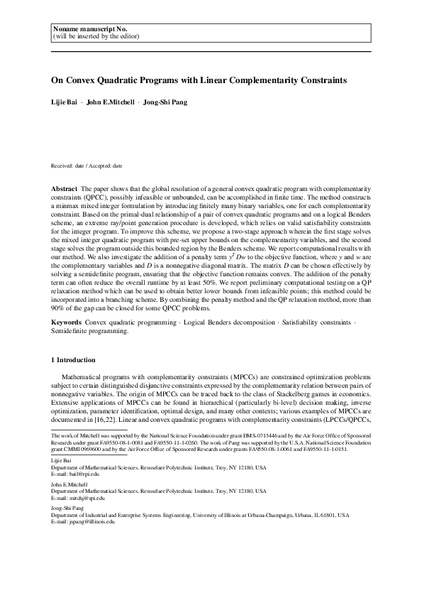 (PDF) On convex quadratic programs with linear complementarity constraints