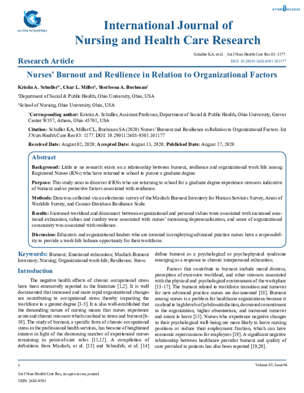 (PDF) Nurses Burnout and Resilience in Relation to Organizational Factors