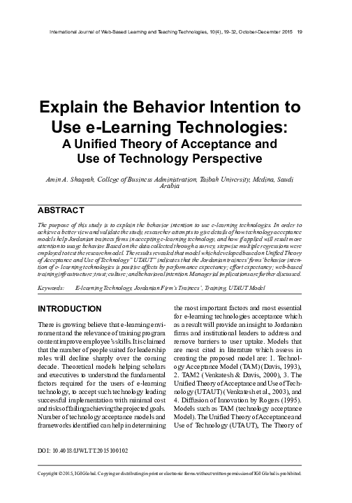(PDF) Explain the Behavior Intention to Use e-Learning Technologies