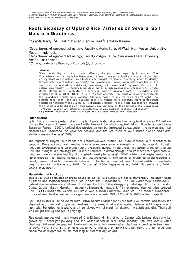 (PDF) Roots Bioassay of Upland Rice Varieties on Several Soil Moisture ...
