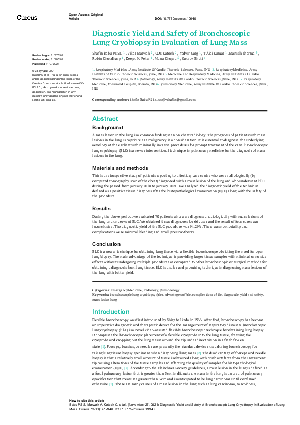 (PDF) Diagnostic Yield and Safety of Bronchoscopic Lung Cryobiopsy in ...