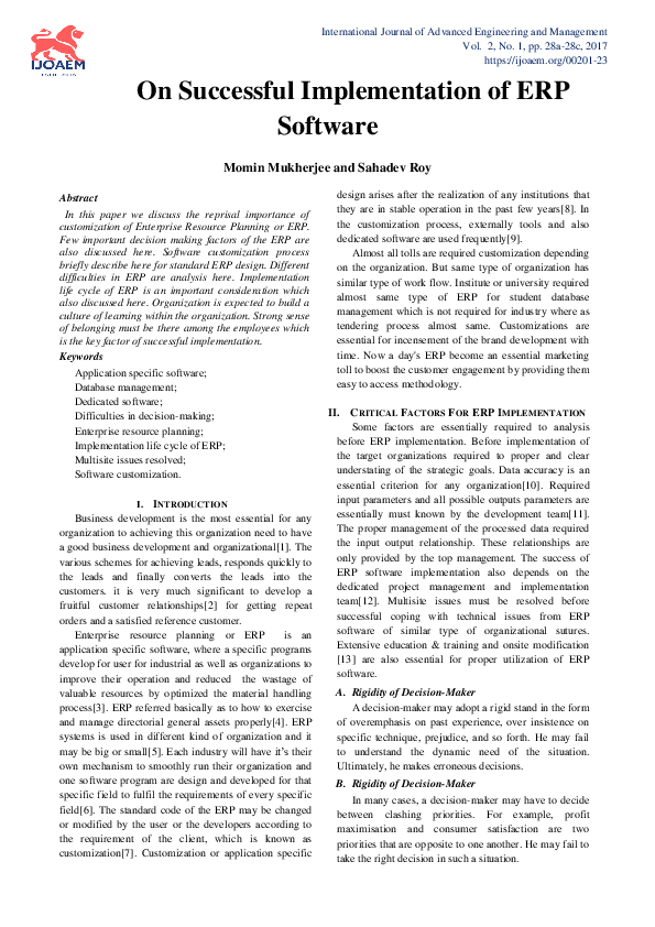 (PDF) On Successful Implementation of ERP Software