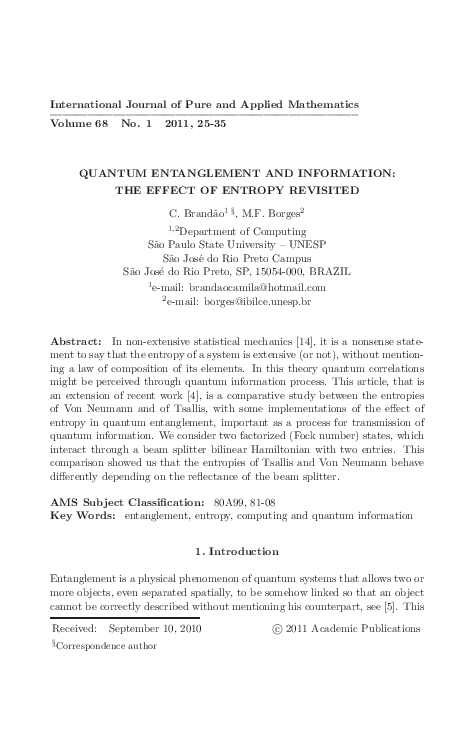 (PDF) Quantum Entanglement and Information: The Effect of Entropy Revisited
