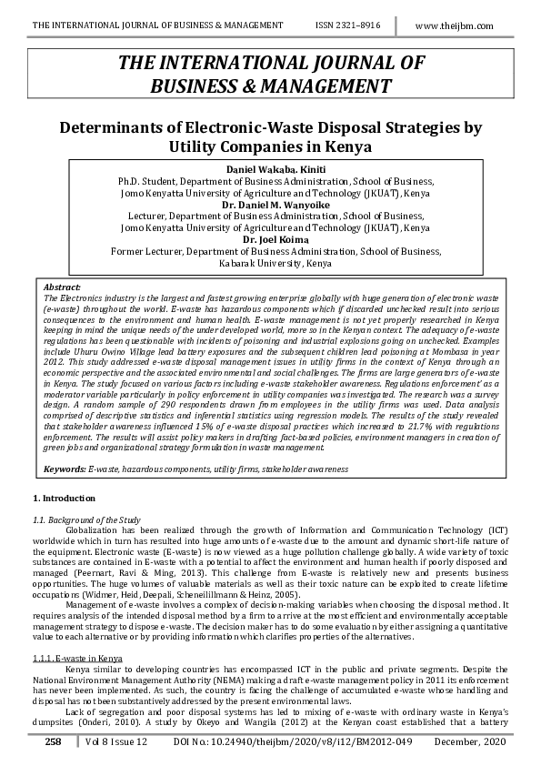 (PDF) Determinants of ElectronicWaste Disposal Strategies by Utility