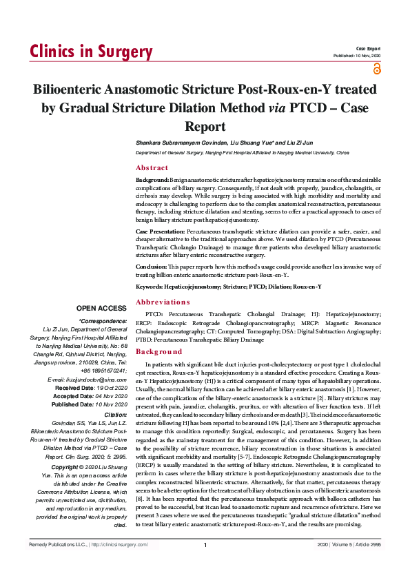 (PDF) Bilioenteric Anastomotic Stricture Post-Roux-en-Y treated by ...
