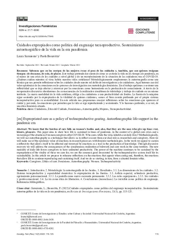 Cuidados expropiados como política del engranaje tecnoproductivo. Sostenimiento autoetnográfico de la vida en la era pandémica