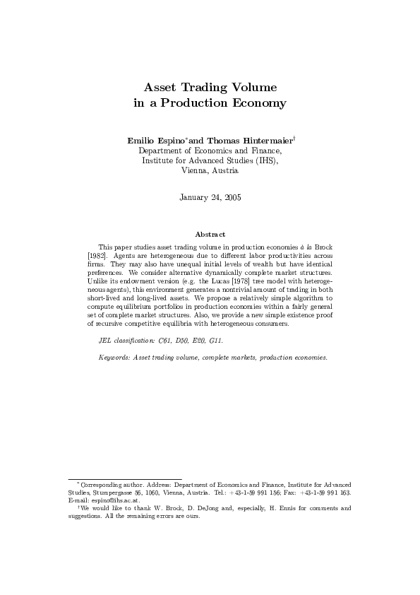 (PDF) Asset trading volume in a production economy