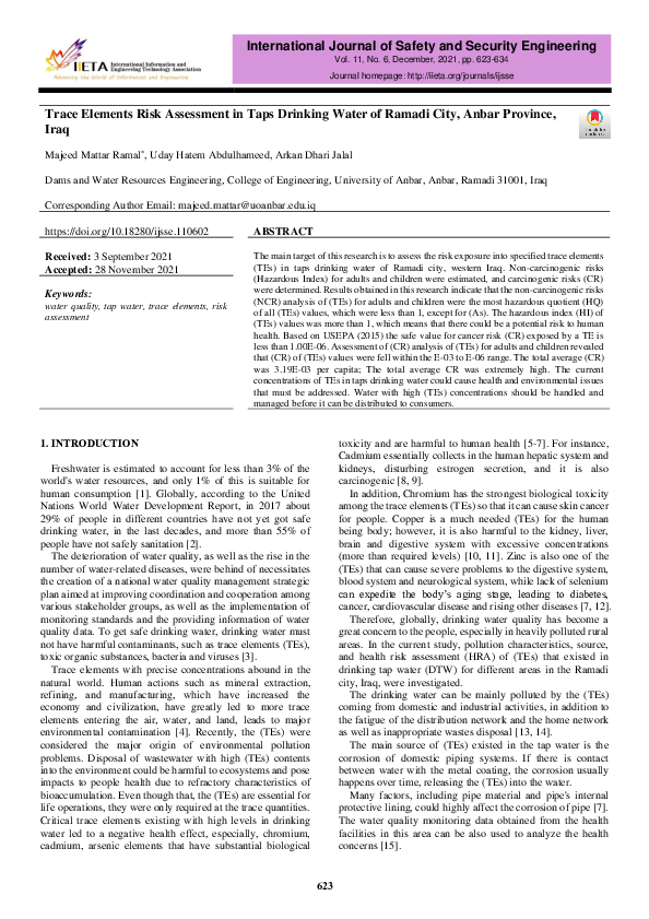 (PDF) Trace Elements Risk Assessment in Taps Drinking Water of Ramadi ...