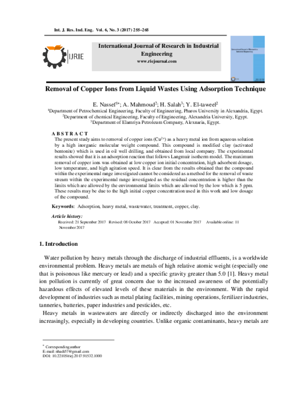 (PDF) Removal of Copper Ions from Liquid Wastes by Adsorption Technique