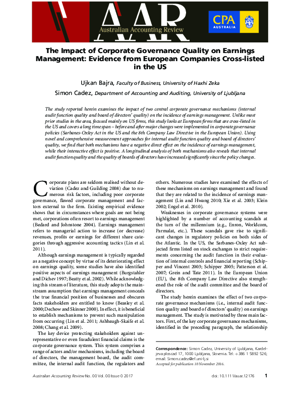 (PDF) The Impact of Corporate Governance Quality on Earnings Management ...