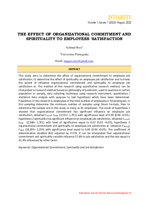 (PDF) THE EFFECT OF ORGANIZATIONAL COMMITMENT AND SPIRITUALITY TO ...
